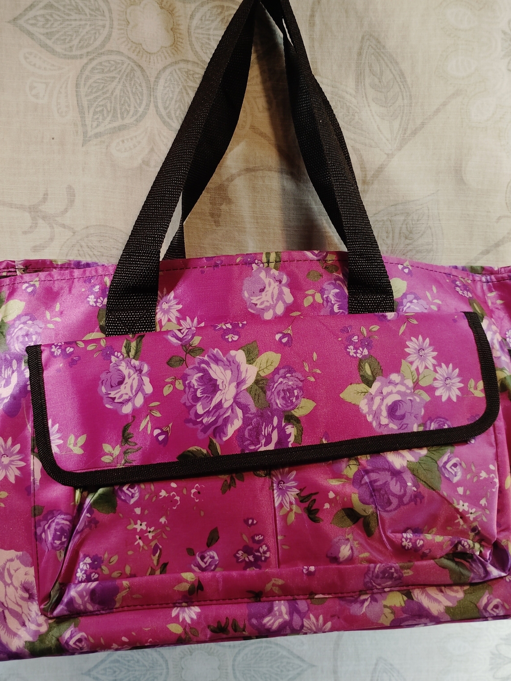 Floral Print Shoulder Tote Bag in Fuchsia with Black Handles